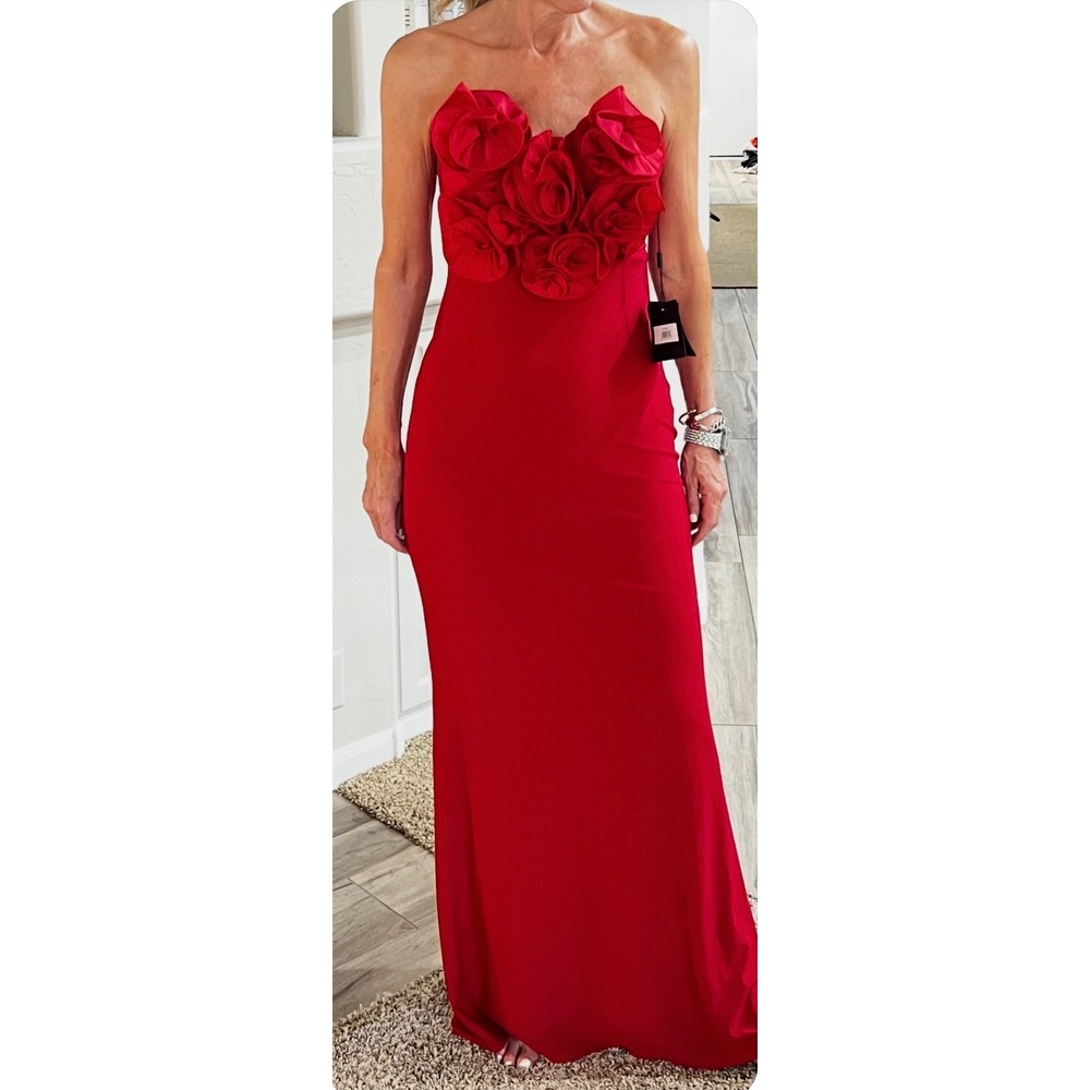NWT Ieena for Mac Duggal Red Rosette Strapless Gown Corset Back Maxi Dress Sz 2 - Picture 9 of 9